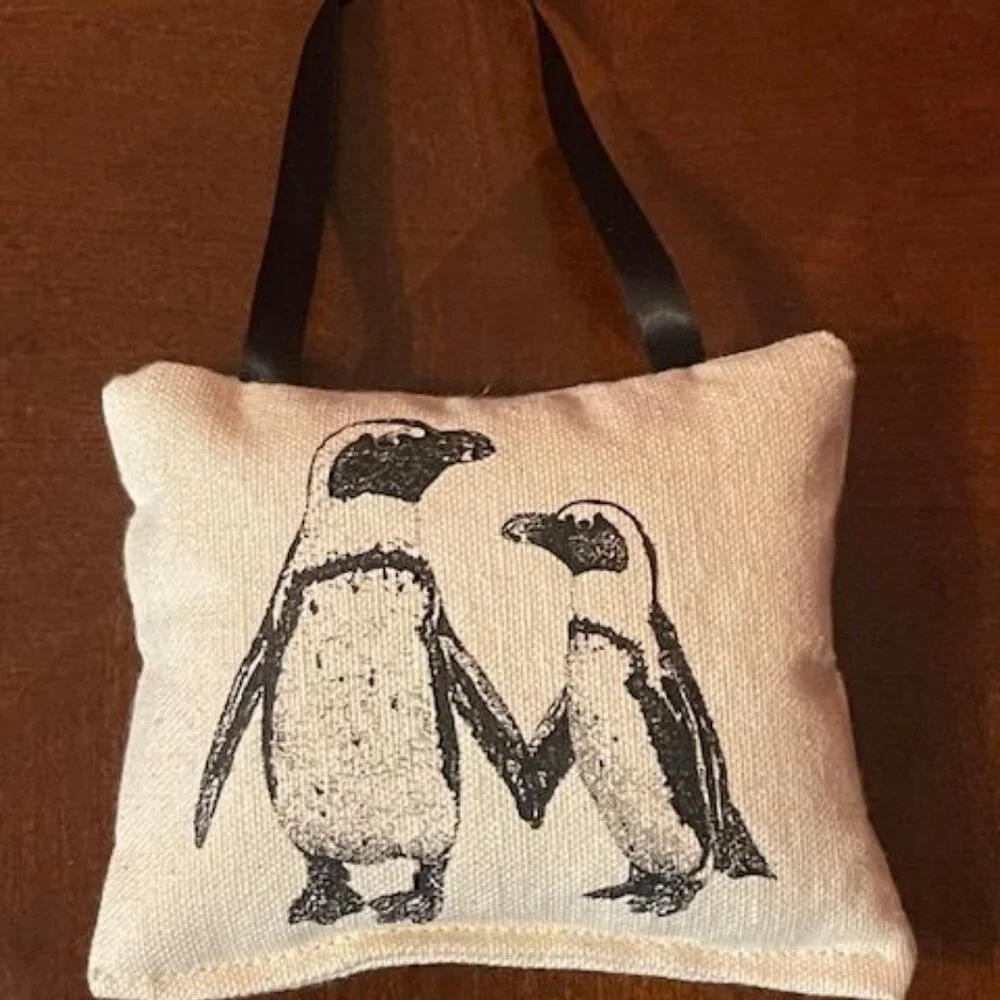 Handcrafted Eric & Christopher Penguin Print Burlap Mini Pillow Ornament Holiday